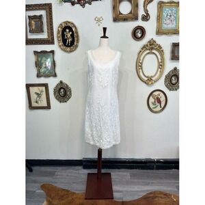 Vintage Y2K White Beaded Floral Mesh Cocktail Dress XXL